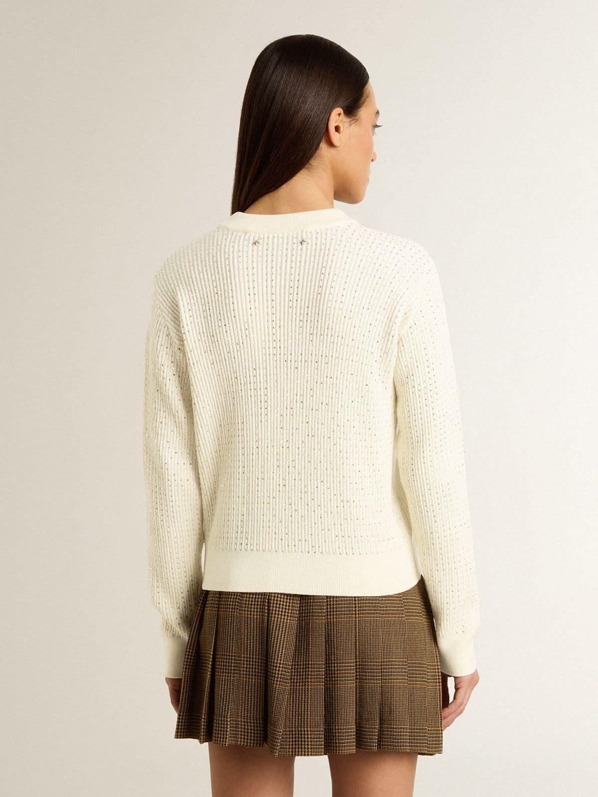 Women's crew-neck sweater in white merino wool with all-over crystals - Golden Goose Women