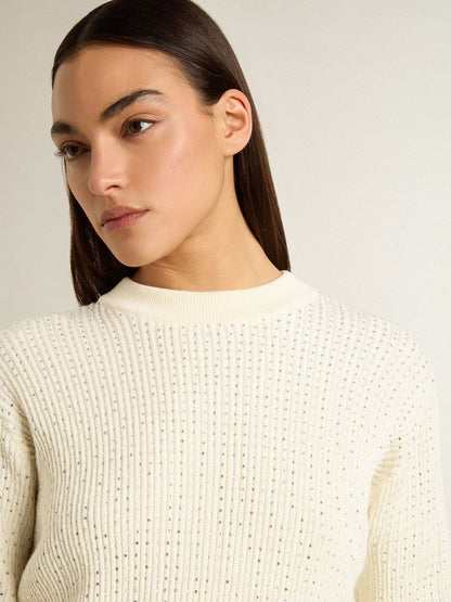 Women's crew-neck sweater in white merino wool with all-over crystals - Golden Goose Women