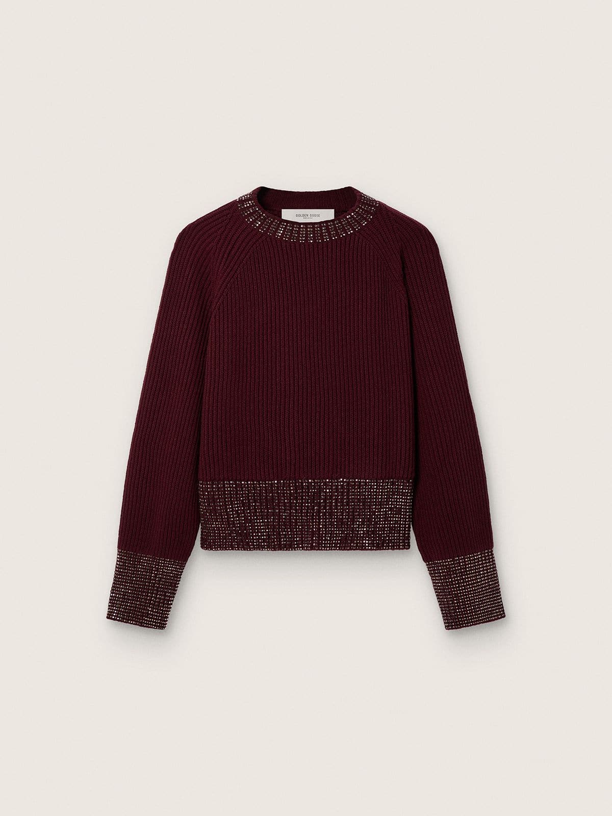 Women's crew-neck sweater in burgundy wool with rhinestone embroidery - Golden Goose Women