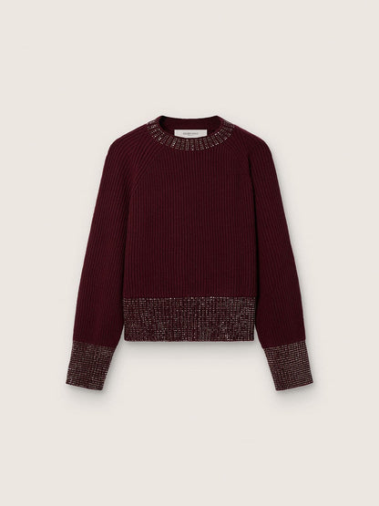Women's crew-neck sweater in burgundy wool with rhinestone embroidery - Golden Goose Women