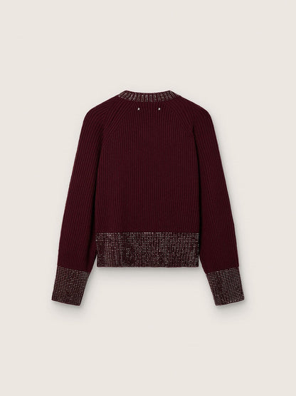 Women's crew-neck sweater in burgundy wool with rhinestone embroidery - Golden Goose Women