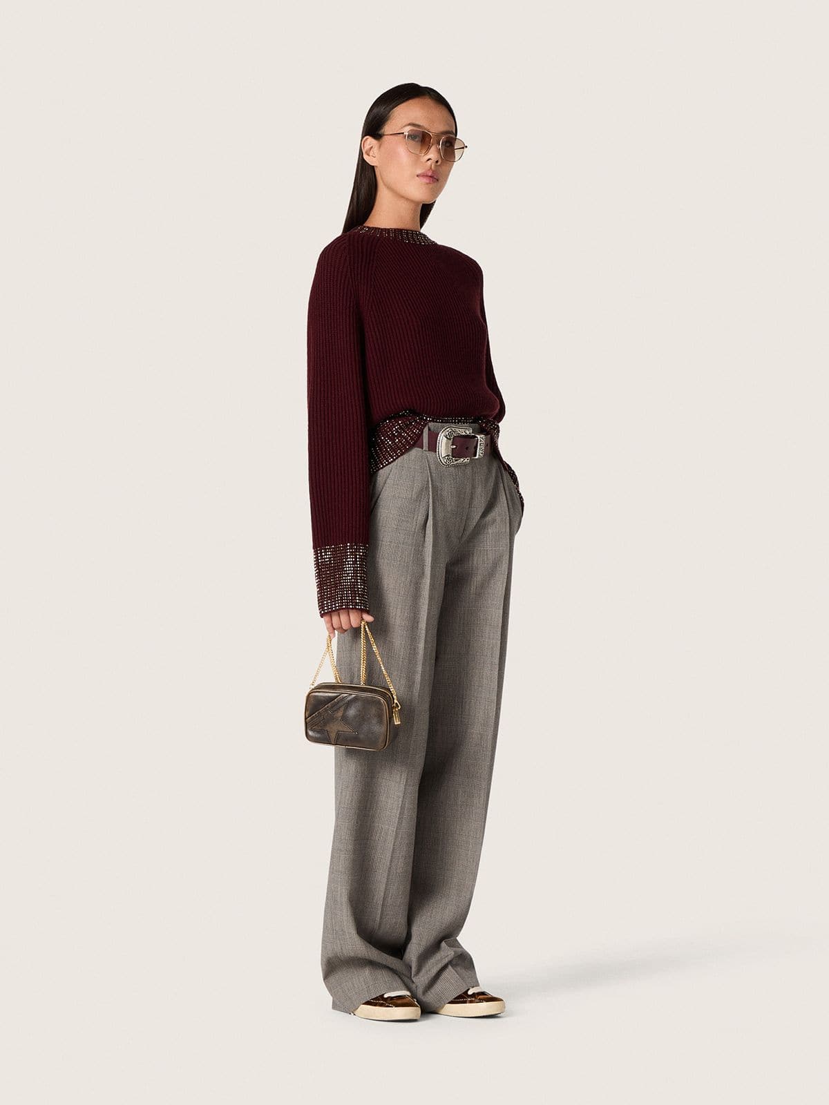 Women's crew-neck sweater in burgundy wool with rhinestone embroidery - Golden Goose Women