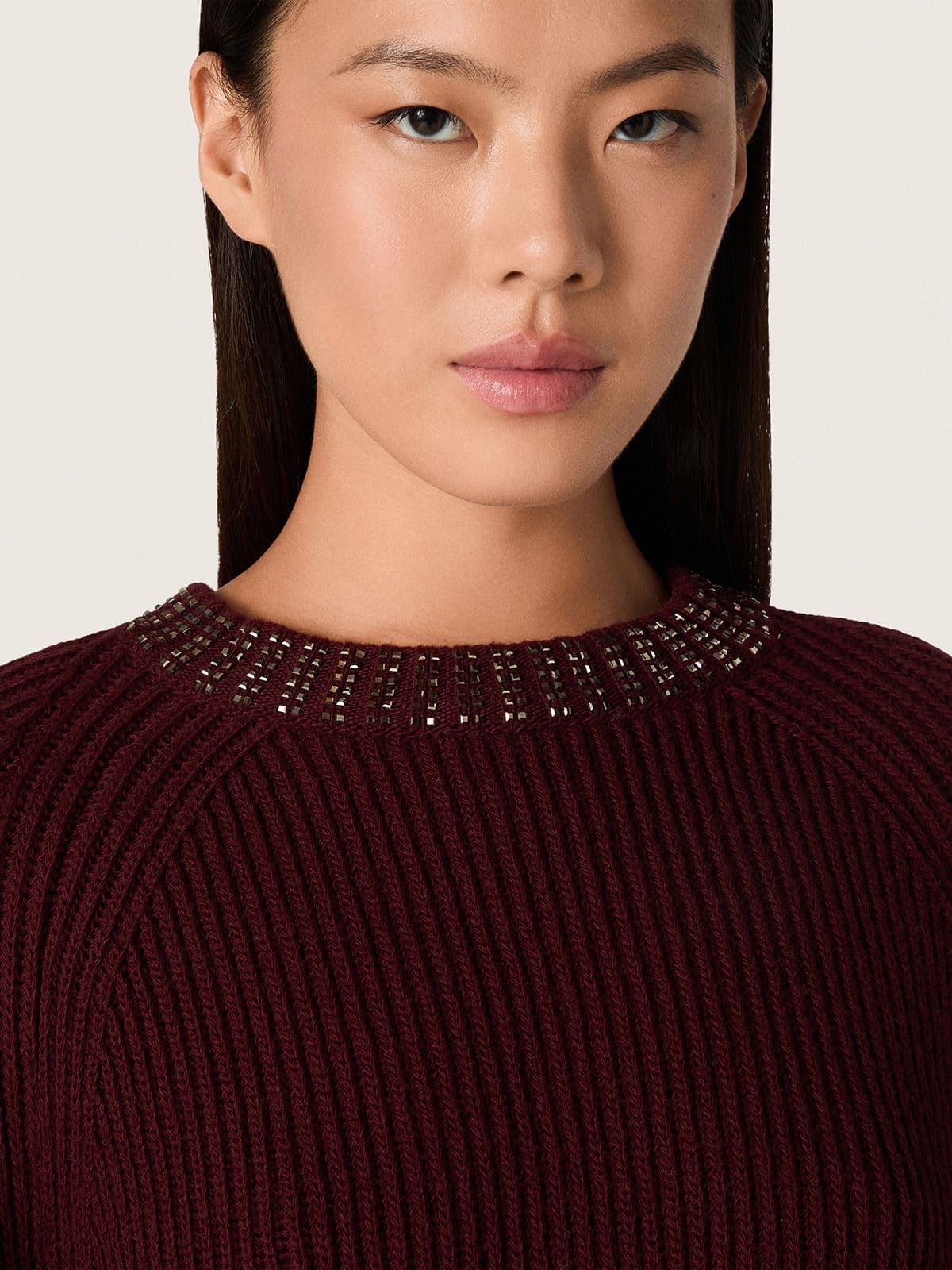 Women's crew-neck sweater in burgundy wool with rhinestone embroidery - Golden Goose Women