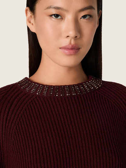 Women's crew-neck sweater in burgundy wool with rhinestone embroidery - Golden Goose Women