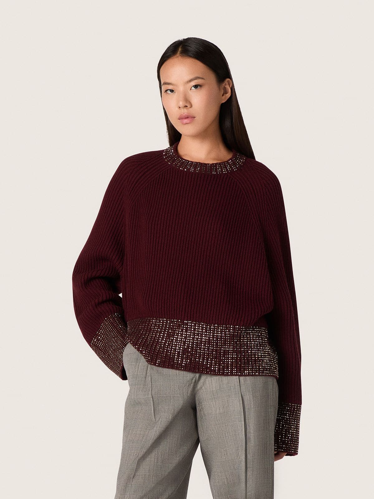 Women's crew-neck sweater in burgundy wool with rhinestone embroidery - Golden Goose Women
