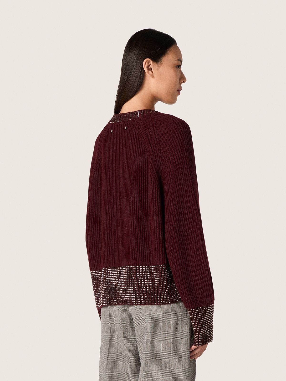Women's crew-neck sweater in burgundy wool with rhinestone embroidery - Golden Goose Women