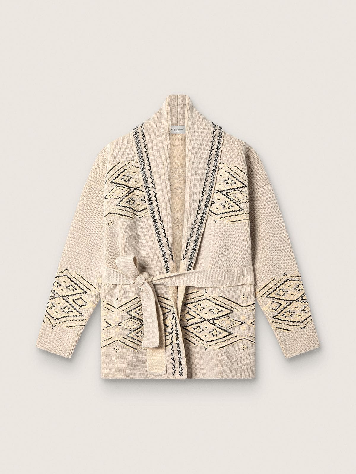 Women's belted cardigan in beige wool blend with contrast embroidery - Golden Goose Women