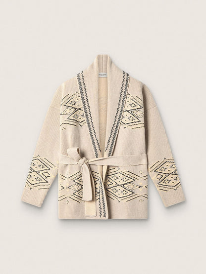 Women's belted cardigan in beige wool blend with contrast embroidery - Golden Goose Women