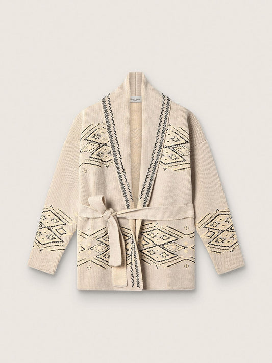 Women's belted cardigan in beige wool blend with contrast embroidery - Golden Goose Women