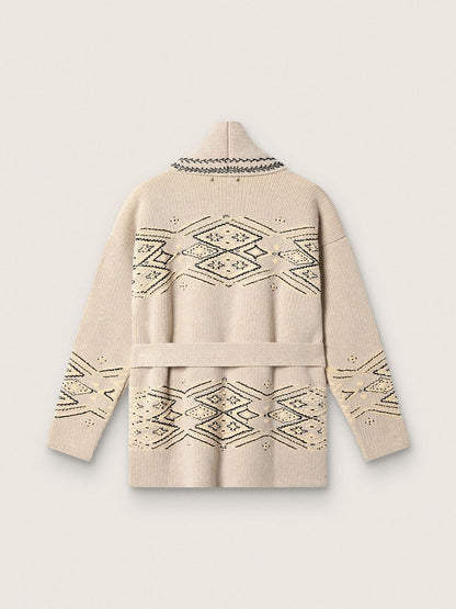 Women's belted cardigan in beige wool blend with contrast embroidery - Golden Goose Women