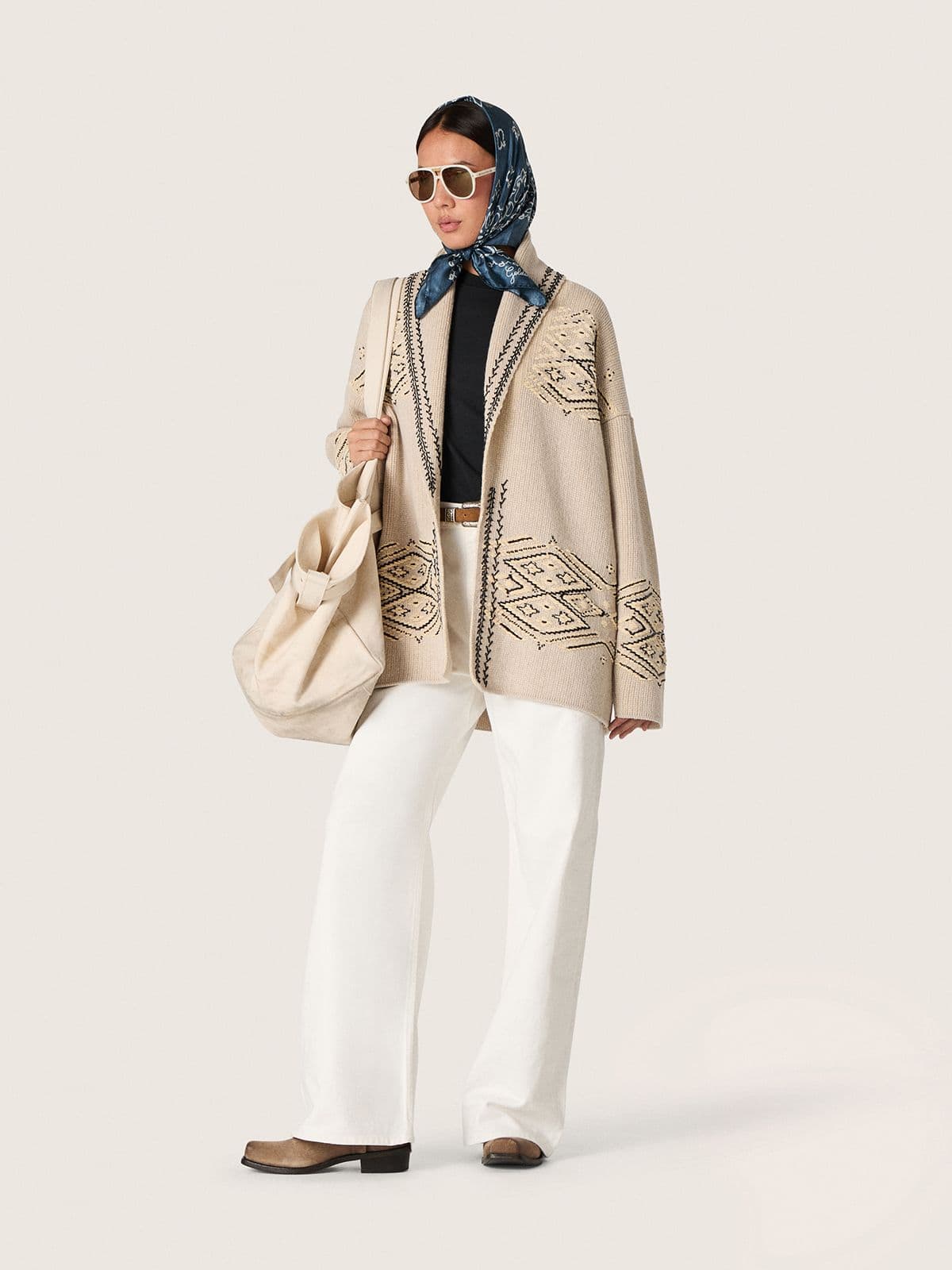 Women's belted cardigan in beige wool blend with contrast embroidery - Golden Goose Women