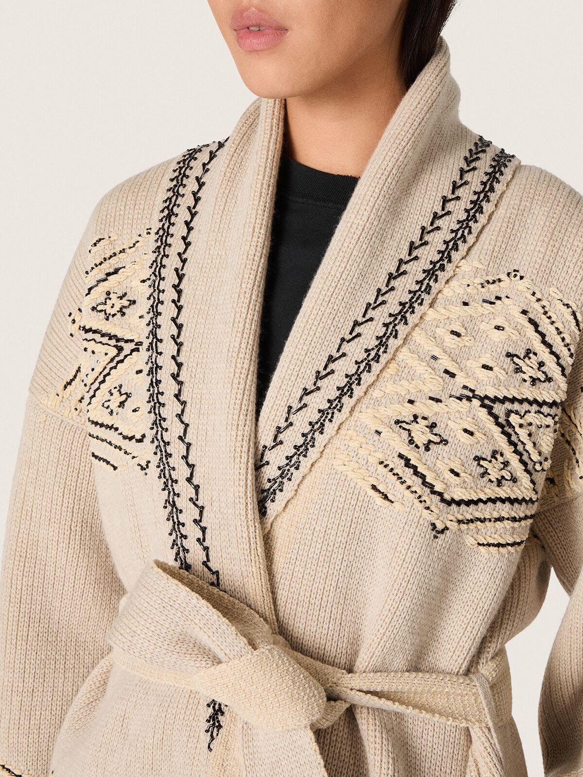 Women's belted cardigan in beige wool blend with contrast embroidery - Golden Goose Women