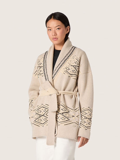 Women's belted cardigan in beige wool blend with contrast embroidery - Golden Goose Women