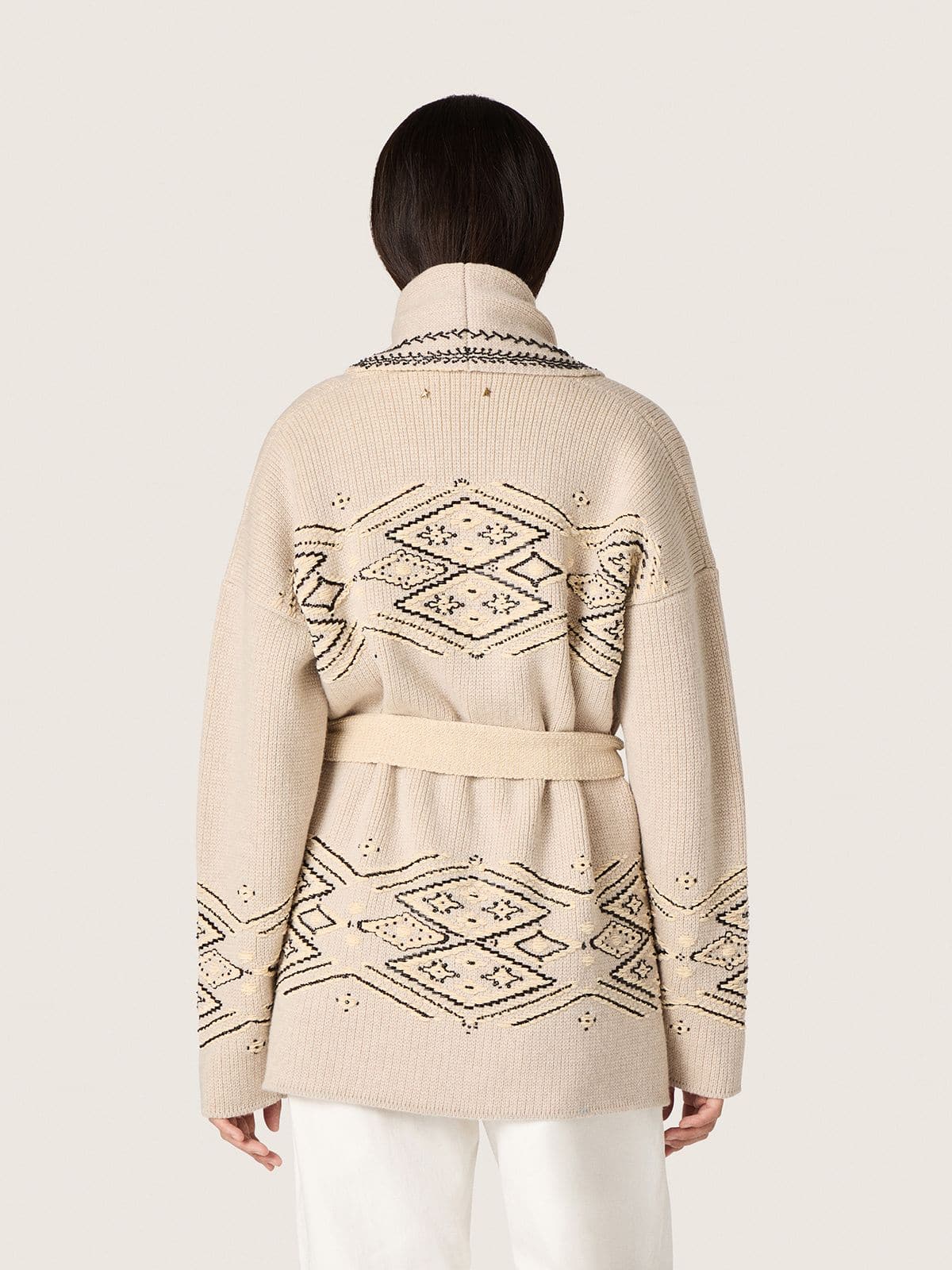 Women's belted cardigan in beige wool blend with contrast embroidery - Golden Goose Women