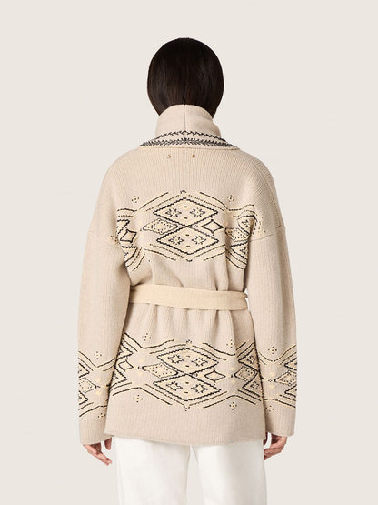 Women's belted cardigan in beige wool blend with contrast embroidery - Golden Goose Women