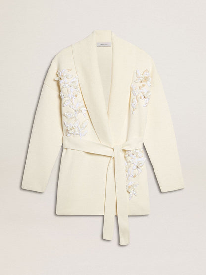 Women's cream-colored cotton cardigan with floral embroidery - Golden Goose Women