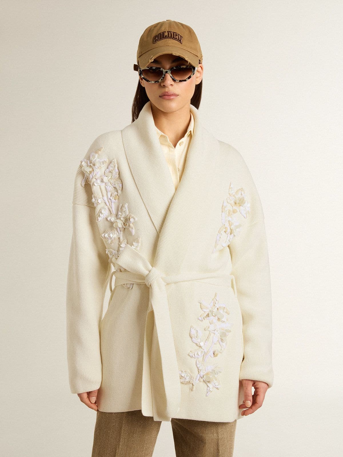 Women's cream-colored cotton cardigan with floral embroidery - Golden Goose Women