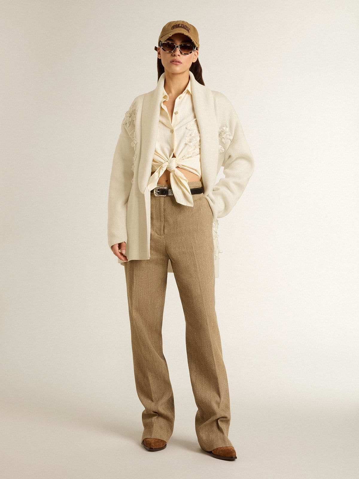 Women's cream-colored cotton cardigan with floral embroidery - Golden Goose Women