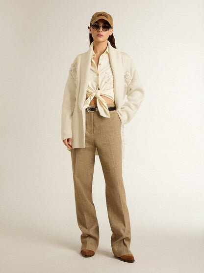 Women's cream-colored cotton cardigan with floral embroidery - Golden Goose Women