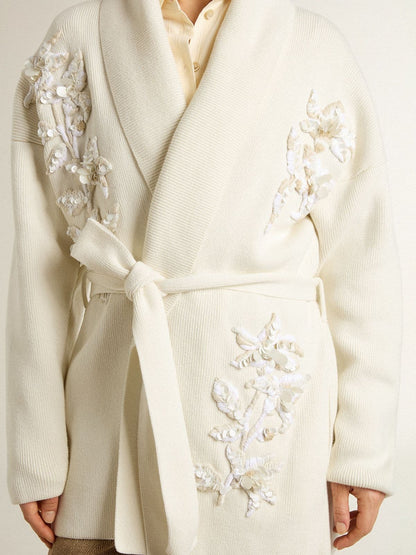 Women's cream-colored cotton cardigan with floral embroidery - Golden Goose Women