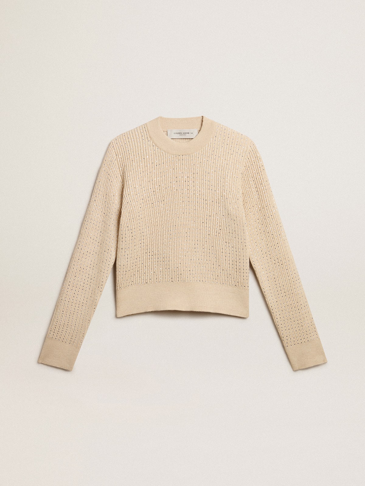 Cropped round-neck sweater in beige wool with all-over crystals - Golden Goose Women
