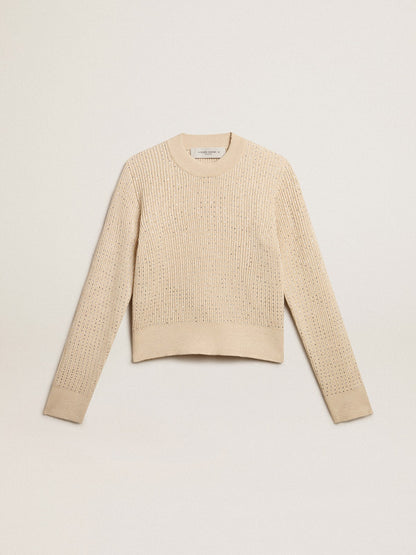 Cropped round-neck sweater in beige wool with all-over crystals - Golden Goose Women