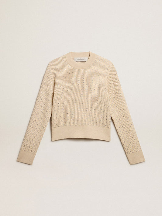 Cropped round-neck sweater in beige wool with all-over crystals - Golden Goose Women