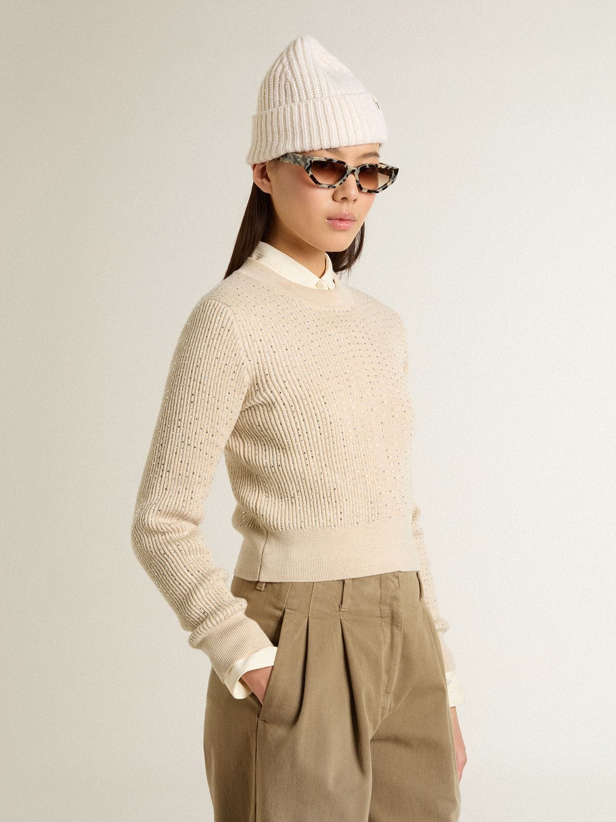 Cropped round-neck sweater in beige wool with all-over crystals - Golden Goose Women