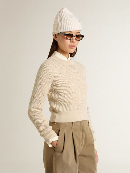 Cropped round-neck sweater in beige wool with all-over crystals - Golden Goose Women