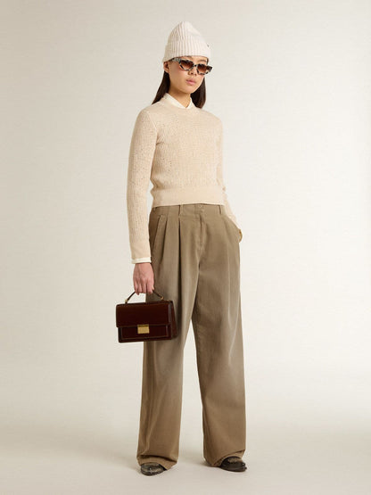 Cropped round-neck sweater in beige wool with all-over crystals - Golden Goose Women