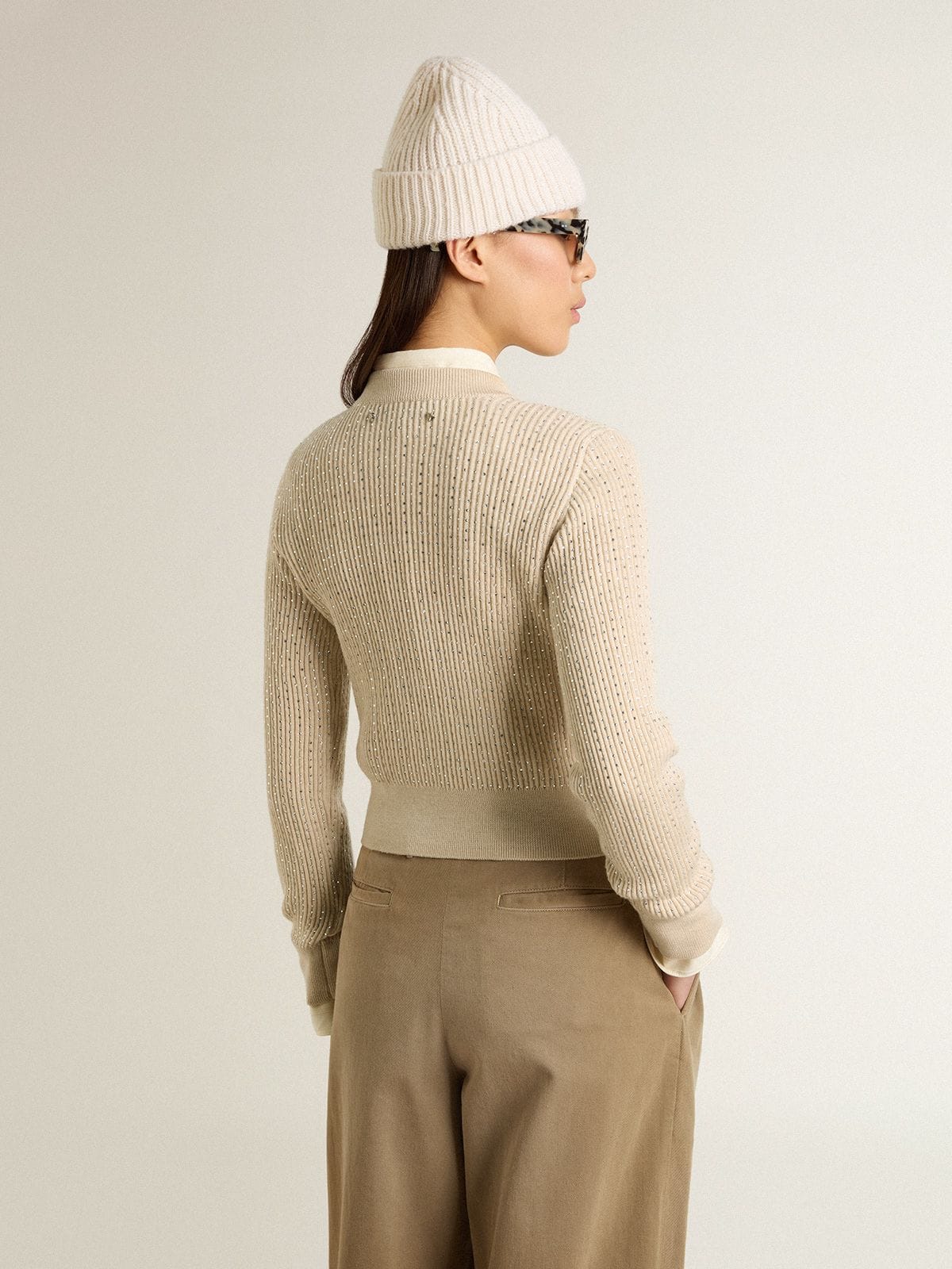 Cropped round-neck sweater in beige wool with all-over crystals - Golden Goose Women