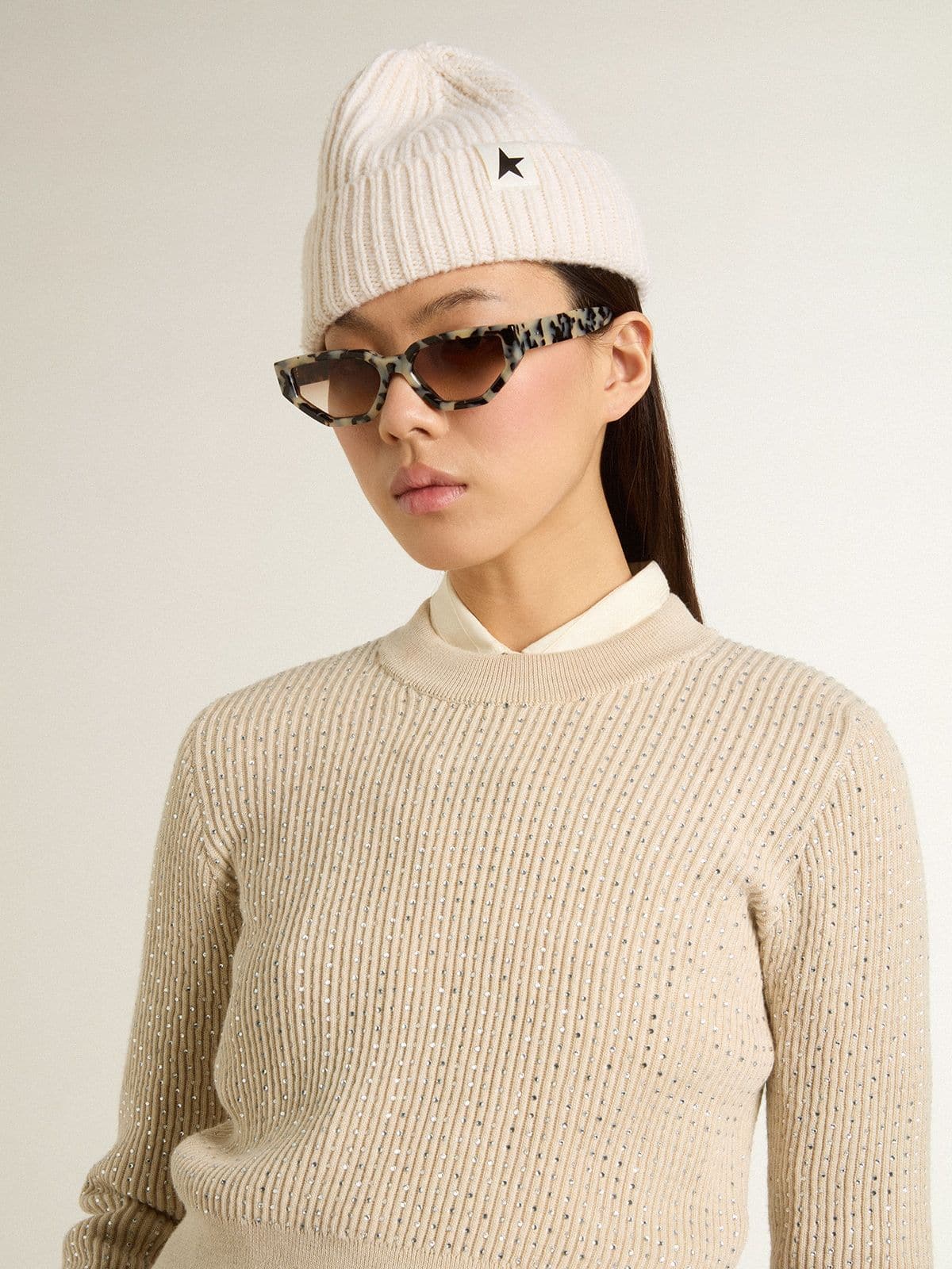 Cropped round-neck sweater in beige wool with all-over crystals - Golden Goose Women