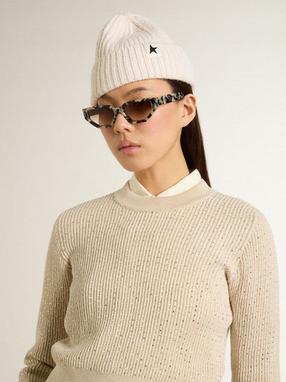 Cropped round-neck sweater in beige wool with all-over crystals - Golden Goose Women