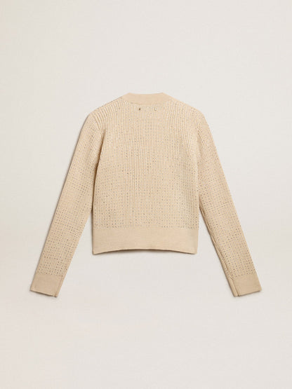 Cropped round-neck sweater in beige wool with all-over crystals - Golden Goose Women