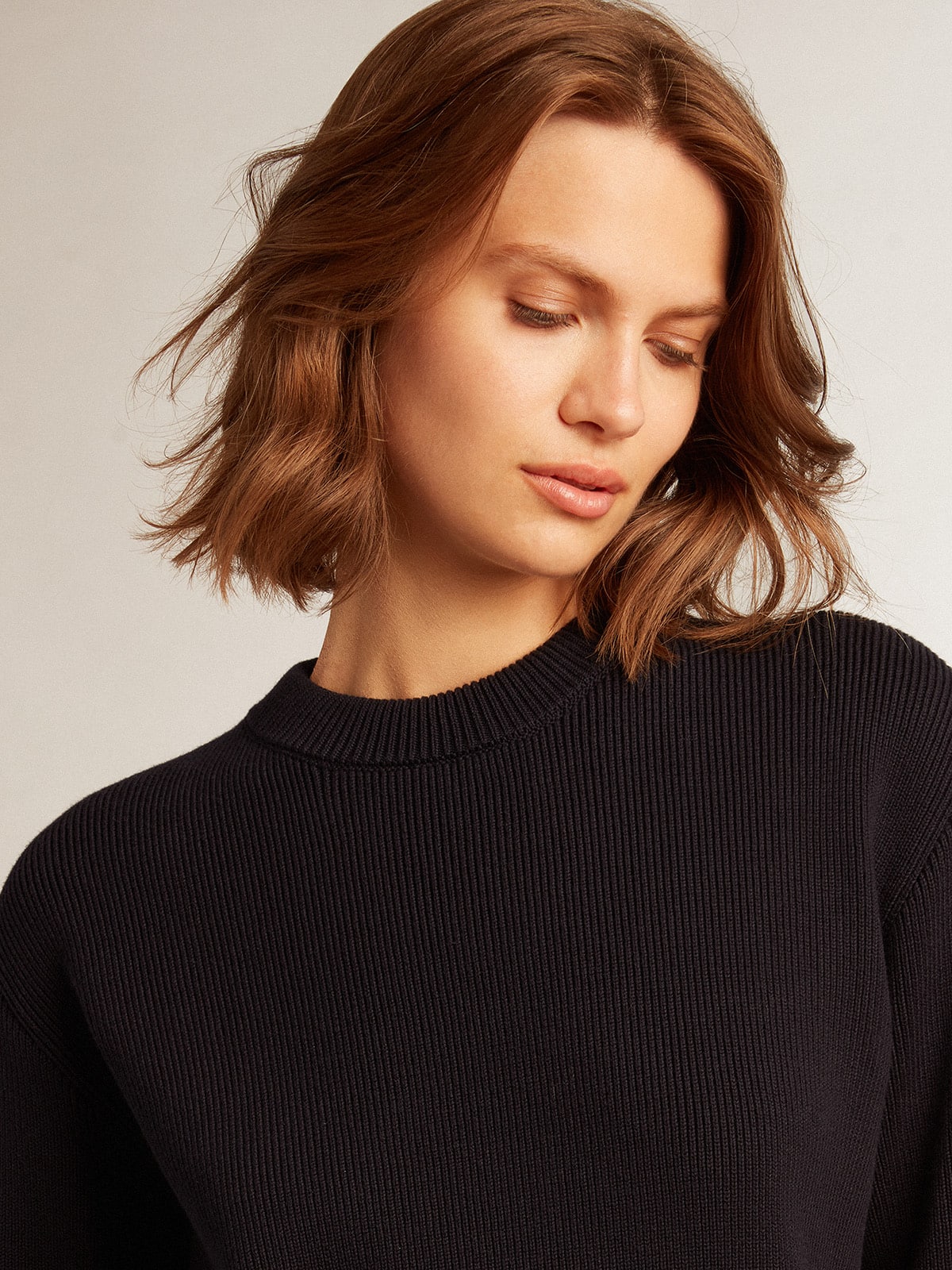 Women’s round-neck sweater in dark blue cotton with logo on the back - Golden Goose Women