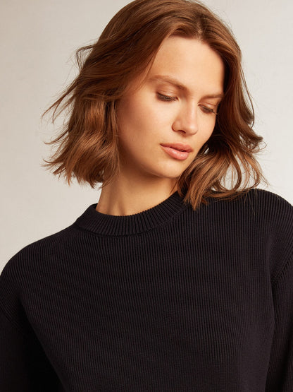 Women’s round-neck sweater in dark blue cotton with logo on the back - Golden Goose Women