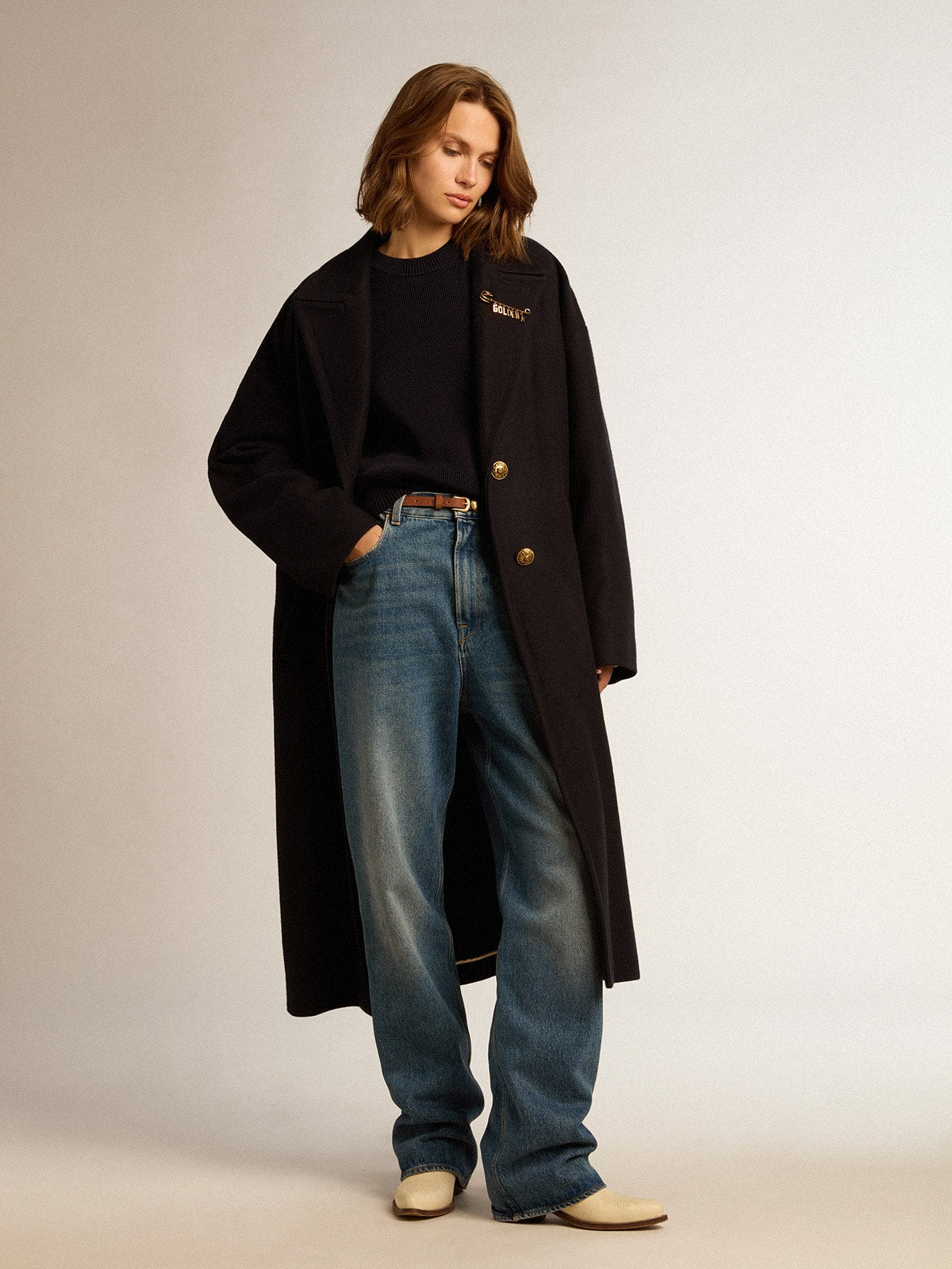 Women’s round-neck sweater in dark blue cotton with logo on the back - Golden Goose Women