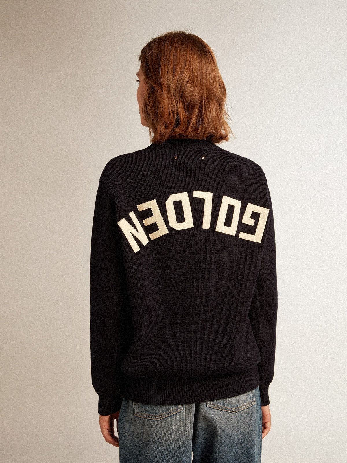 Women’s round-neck sweater in dark blue cotton with logo on the back - Golden Goose Women