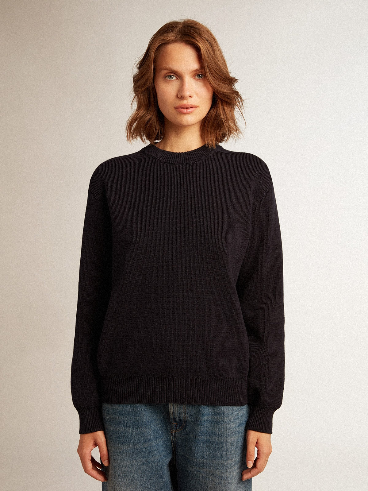 Women’s round-neck sweater in dark blue cotton with logo on the back - Golden Goose Women