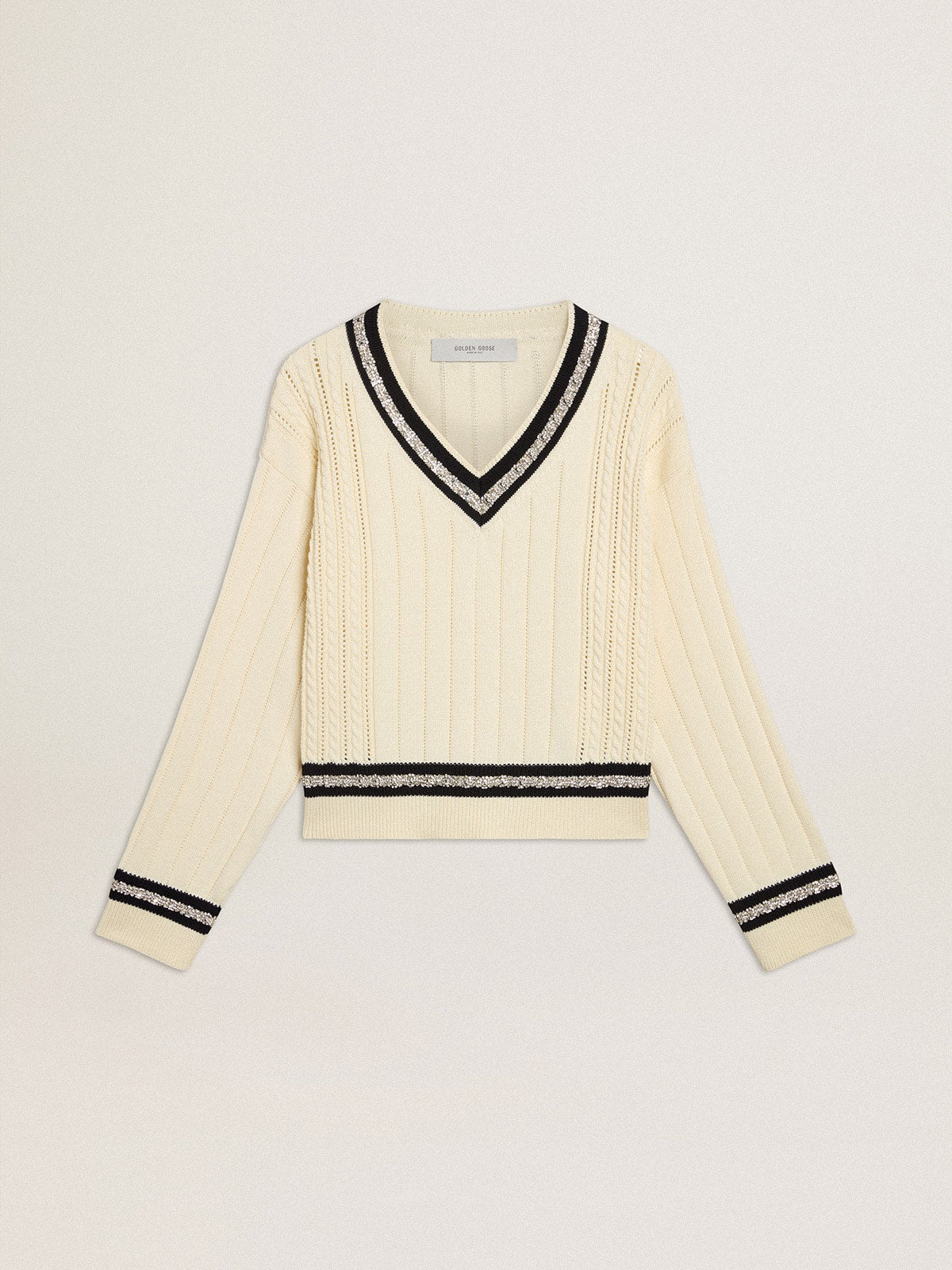 Women's cable-pattern cropped sweater with blue ribbing and crystals - Golden Goose Women