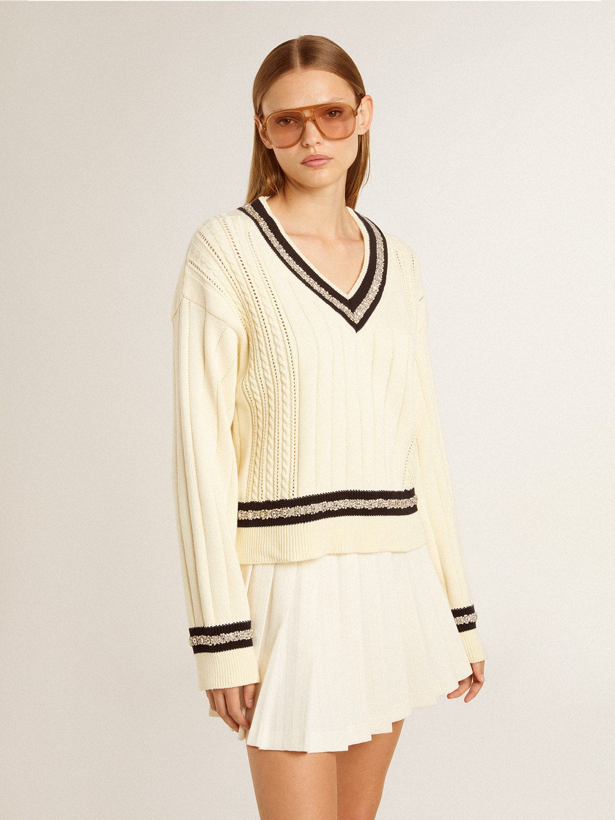Women's cable-pattern cropped sweater with blue ribbing and crystals - Golden Goose Women