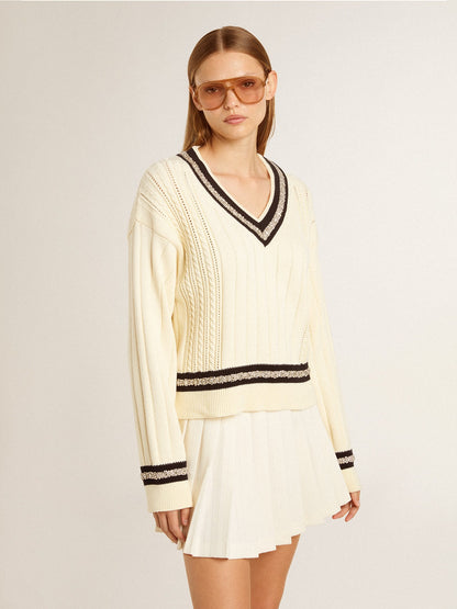 Women's cable-pattern cropped sweater with blue ribbing and crystals - Golden Goose Women