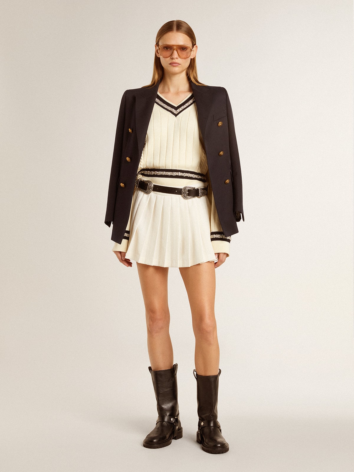 Women's cable-pattern cropped sweater with blue ribbing and crystals - Golden Goose Women