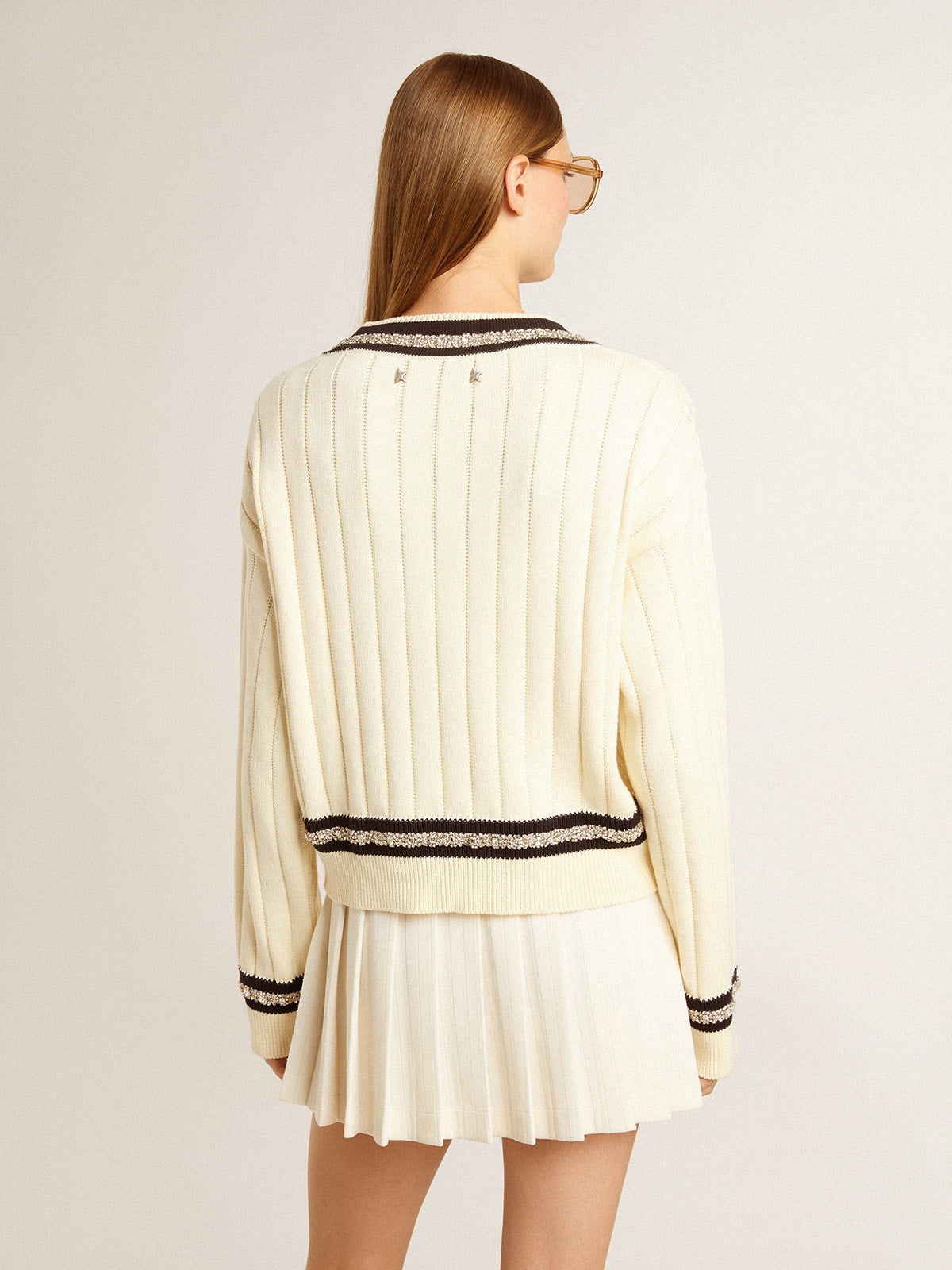 Women's cable-pattern cropped sweater with blue ribbing and crystals - Golden Goose Women