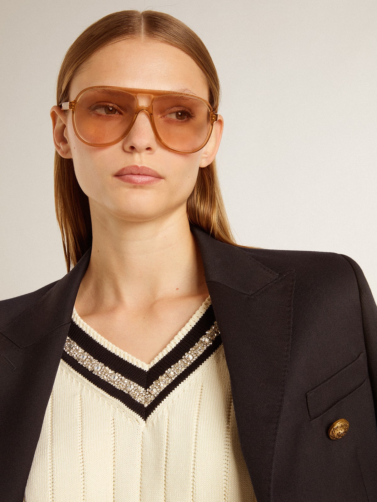 Women's cable-pattern cropped sweater with blue ribbing and crystals - Golden Goose Women