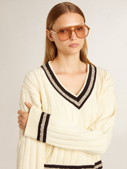 Women's cable-pattern cropped sweater with blue ribbing and crystals - Golden Goose Women