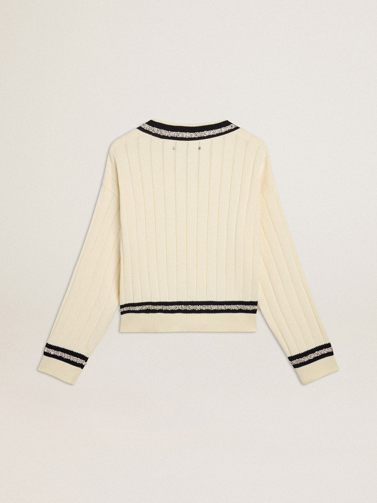 Women's cable-pattern cropped sweater with blue ribbing and crystals - Golden Goose Women