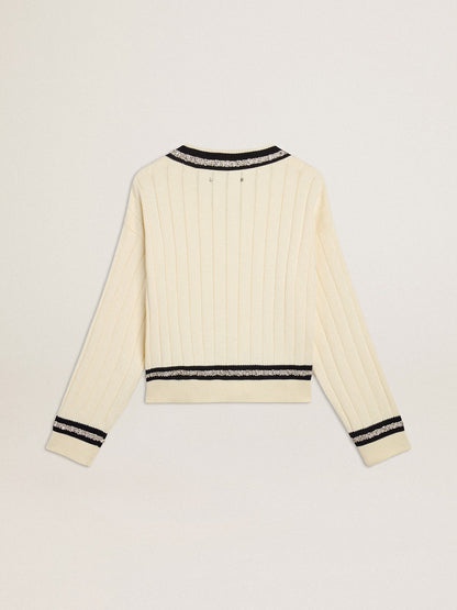 Women's cable-pattern cropped sweater with blue ribbing and crystals - Golden Goose Women