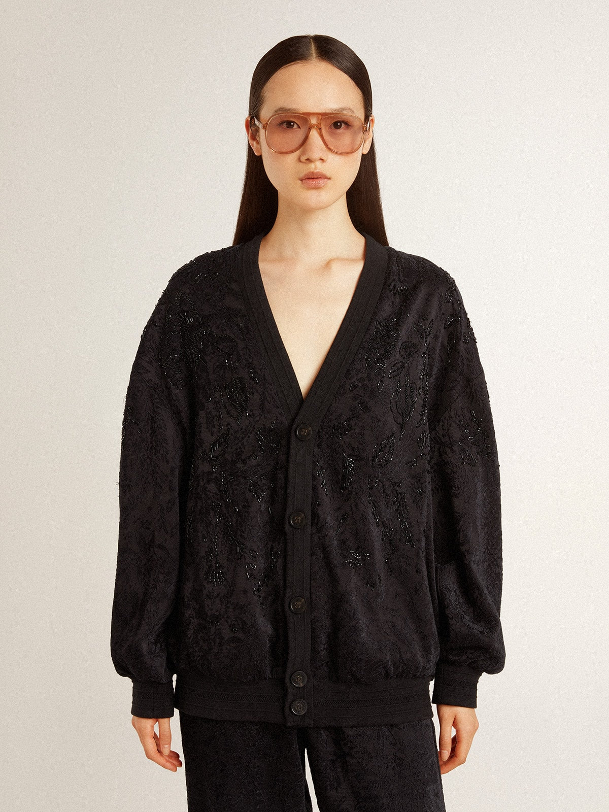 Women's black cardigan with tone-on-tone toile de jouy bead embroidery - Golden Goose Women