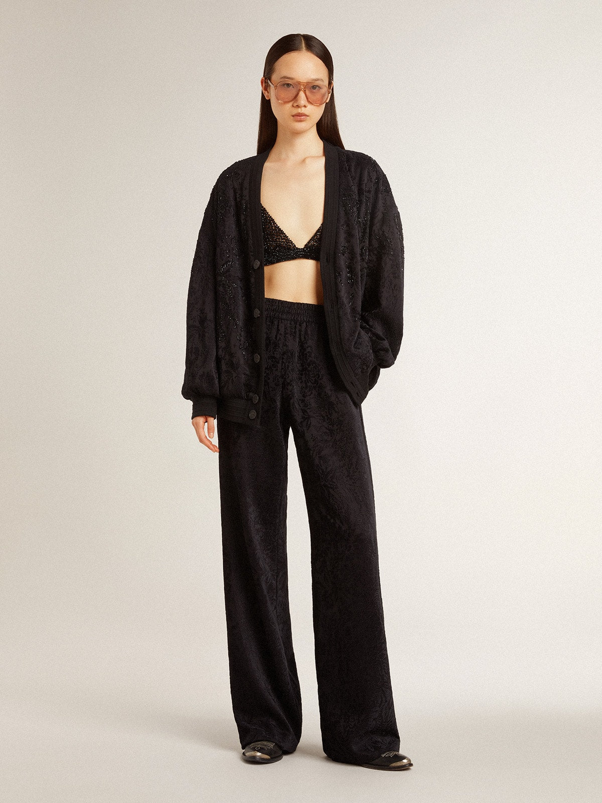 Women's black cardigan with tone-on-tone toile de jouy bead embroidery - Golden Goose Women